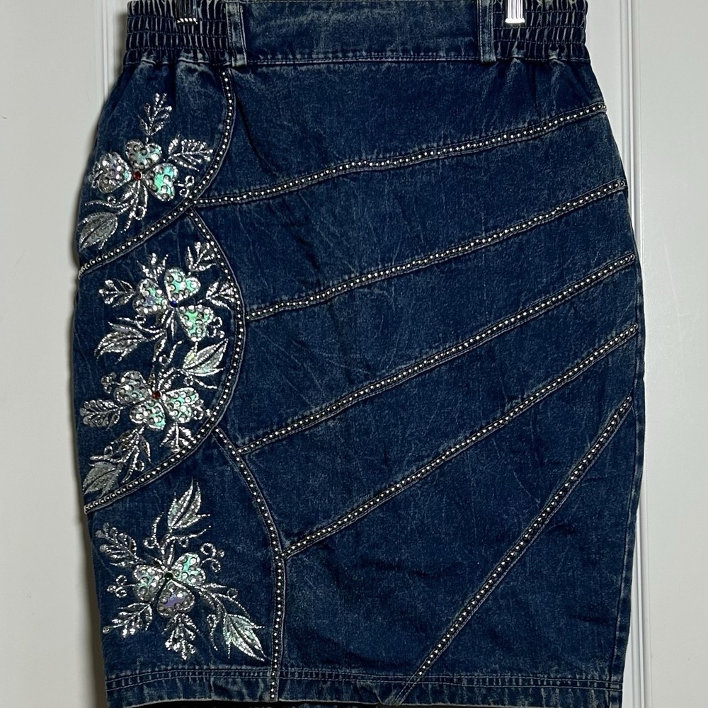 Kokomo Vintage 90s Made in USA Beaded Rhinestone Embroidered Denim Midi Skirt